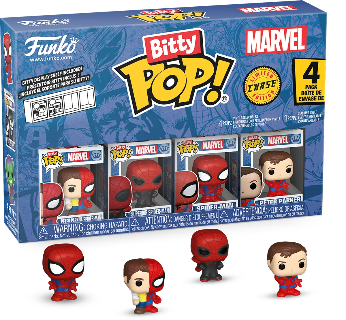 FUN85704 Spider-Man - Peter Parker Split Bitty Pop! 4-Pack - Funko - Titan Pop Culture