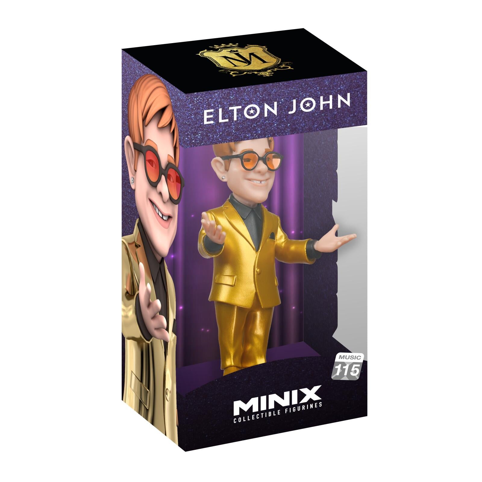 Boxed Minix collectible figure of Elton John in a gold suit with red sunglasses.