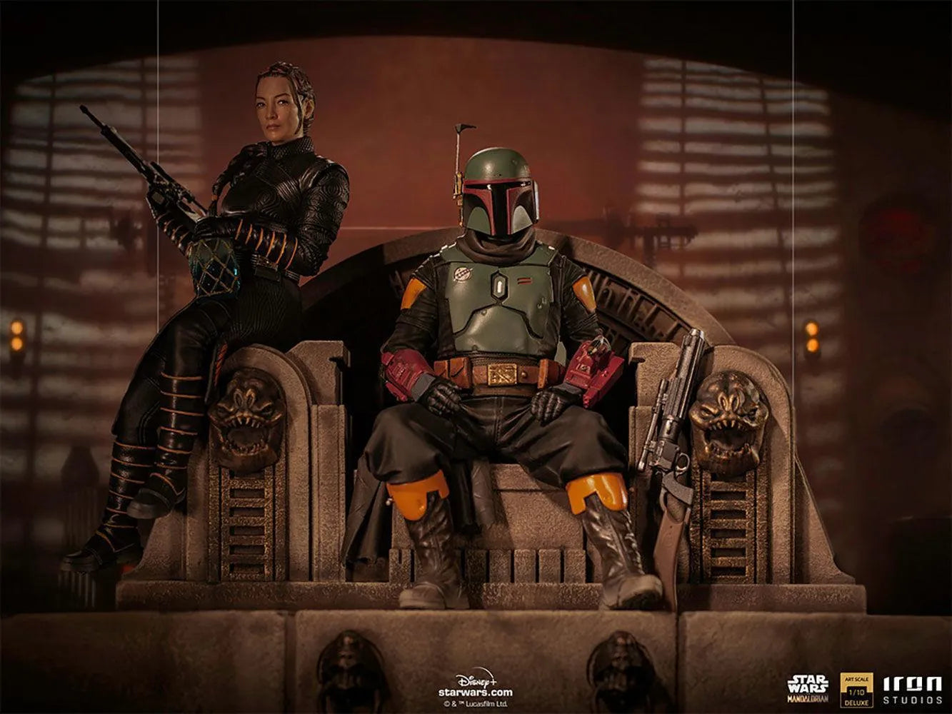 IRO28105 Star Wars: The Mandalorian - Boba Fett & Fennec Shand on Throne Deluxe 1:10 Scale Statue - Iron Studios - Titan Pop Culture