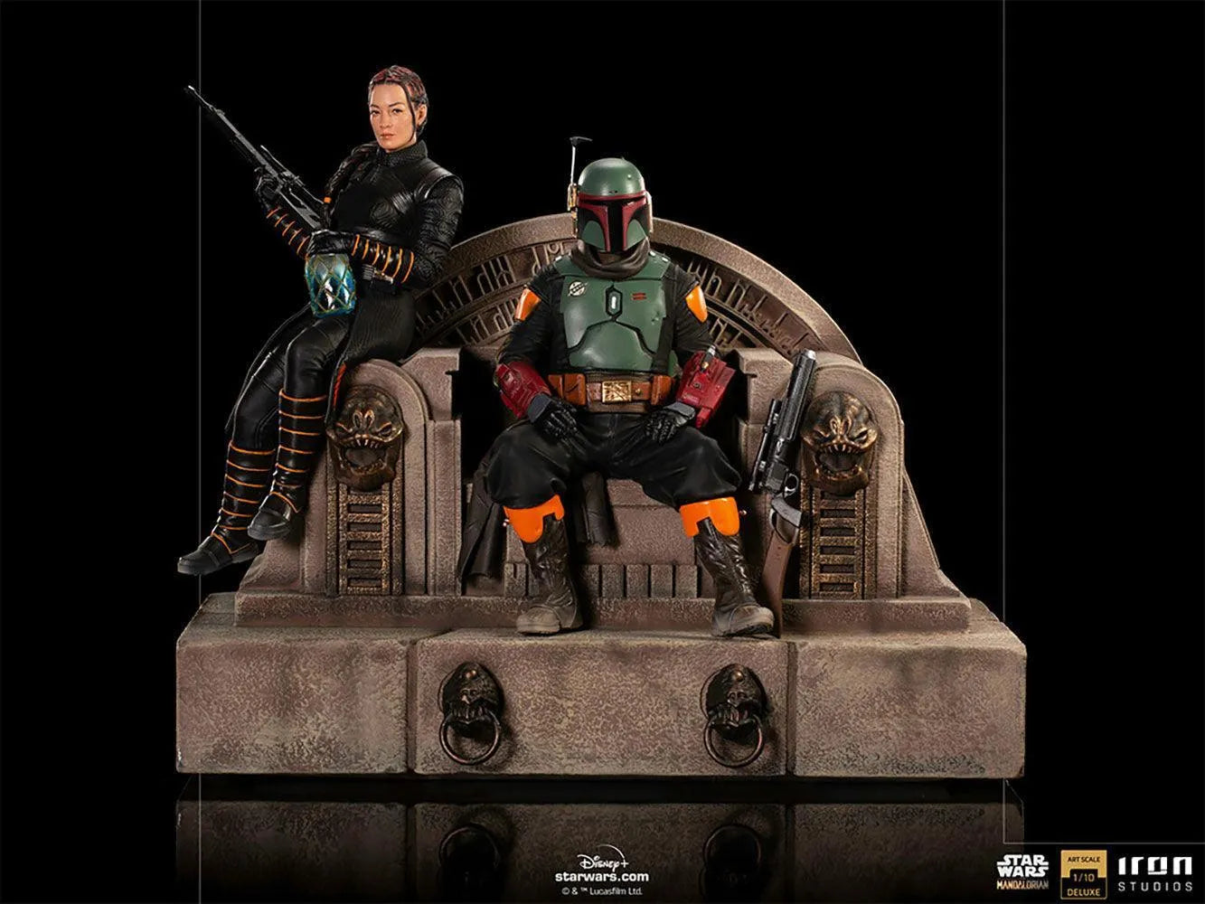 IRO28105 Star Wars: The Mandalorian - Boba Fett & Fennec Shand on Throne Deluxe 1:10 Scale Statue - Iron Studios - Titan Pop Culture