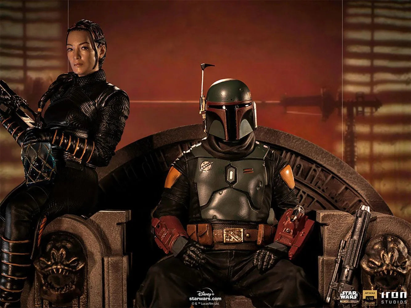 IRO28105 Star Wars: The Mandalorian - Boba Fett & Fennec Shand on Throne Deluxe 1:10 Scale Statue - Iron Studios - Titan Pop Culture