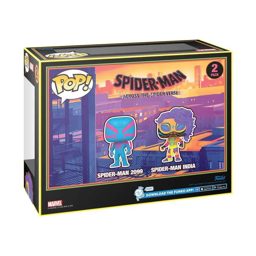 FUN73938 Spider-Man: Across the Spider-Verse - Spider-Man 2099 & Spider-Man India US Exclusive Blacklight Pop! 2-Pack [RS] - Funko - Titan Pop Culture