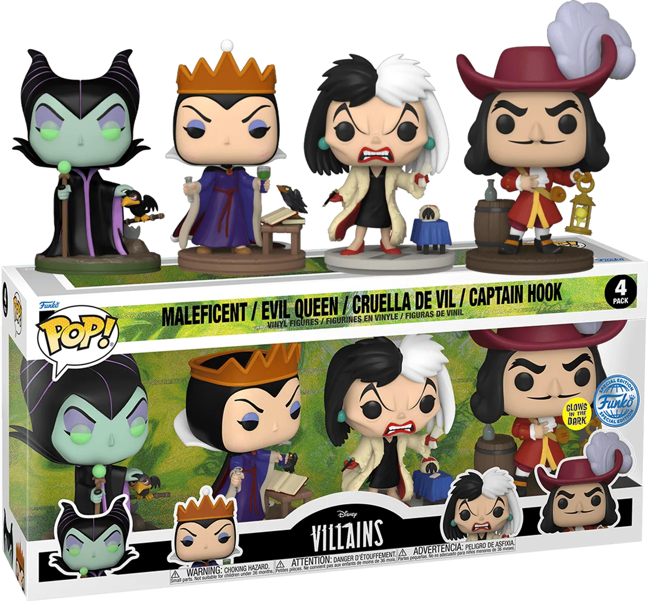 FUN77129 Disney: Villains - US Exclusive Glow Pop! Vinyl 4-Pack [RS] - Funko - Titan Pop Culture