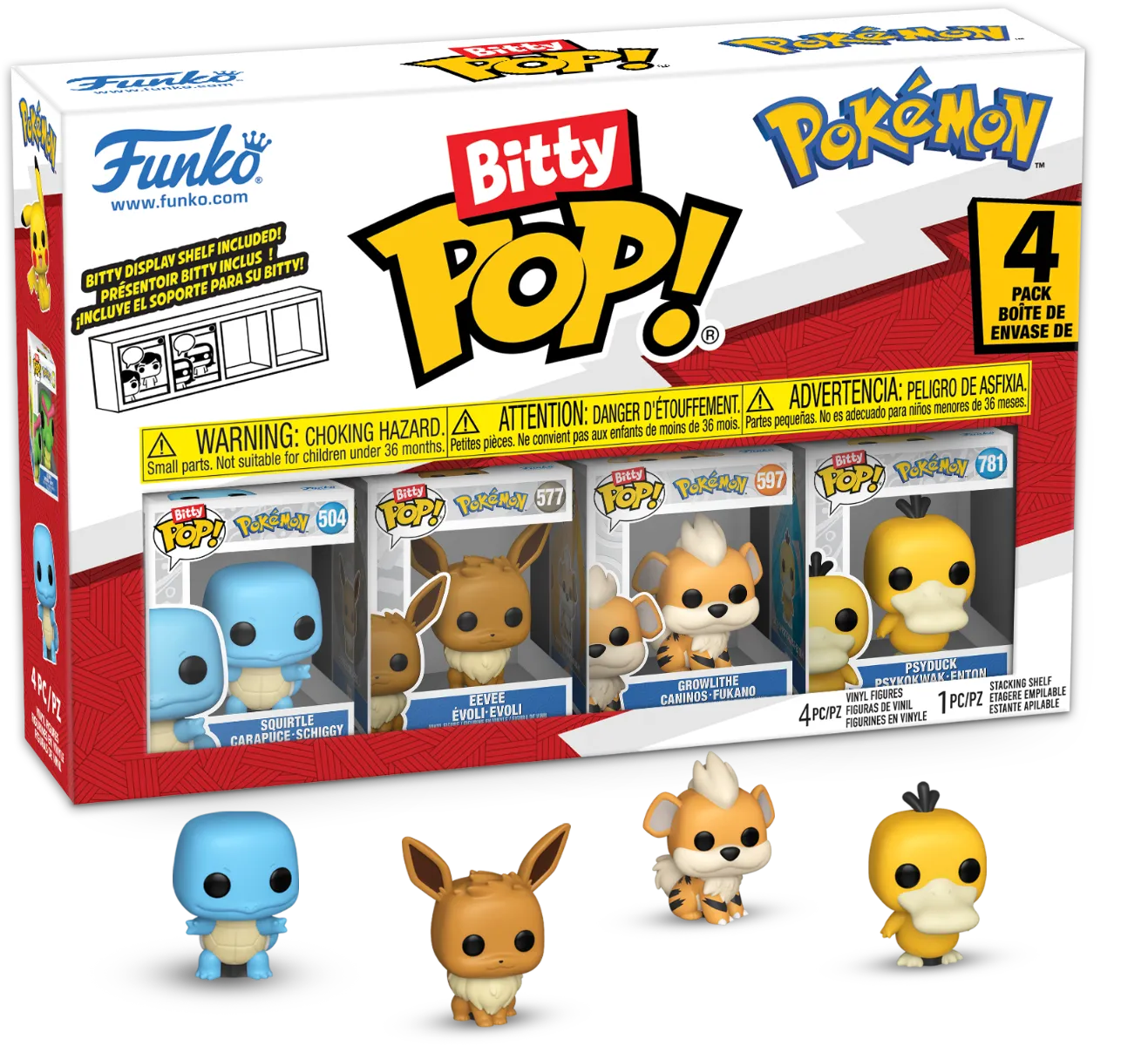 FUN81135 Pokemon - Squirtle, Eevee, Growlithe, & Psyduck Bitty Pop! Vinyl Figure 4-Pack - Funko - Titan Pop Culture