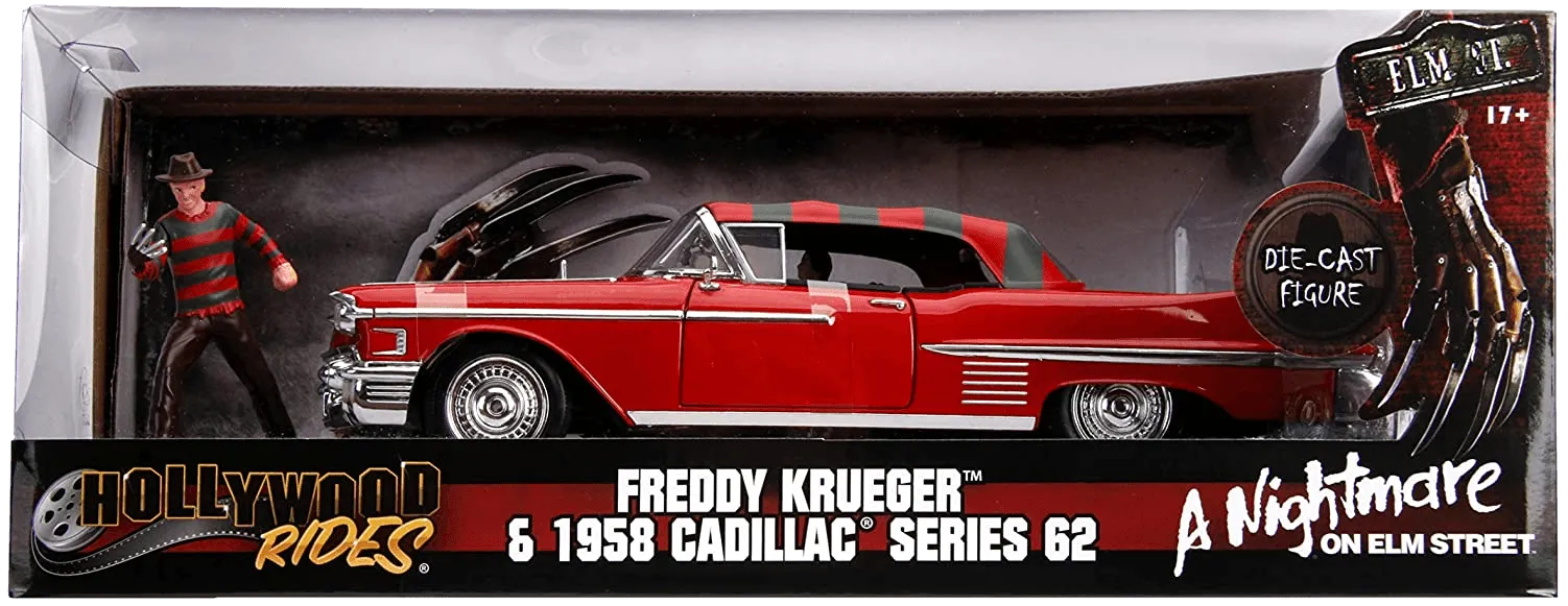 JAD31102 A Nightmare on Elm Street - 1958 Cadillac Series 62 1:24 with Figure Hollywood Ride - Jada Toys - Titan Pop Culture