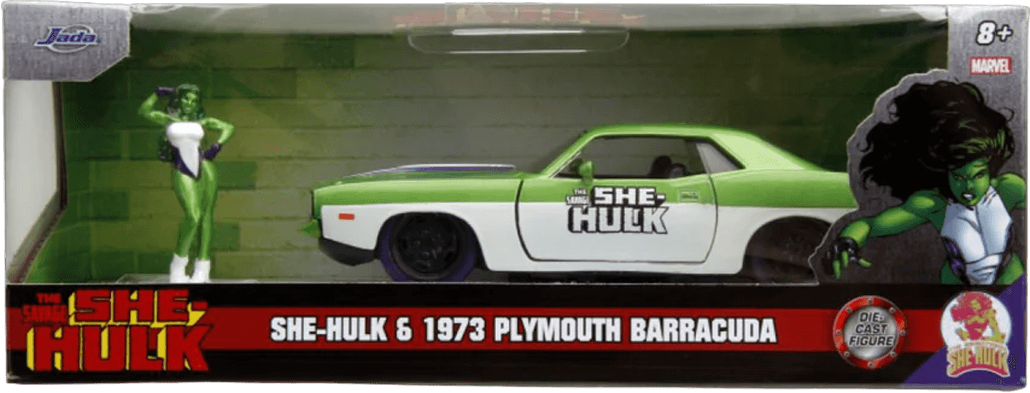JAD34273 Marvel Comics - 1973 Plymouth Barracuda 1:32 Scale Vehicle with She-Hulk Figure - Jada Toys - Titan Pop Culture