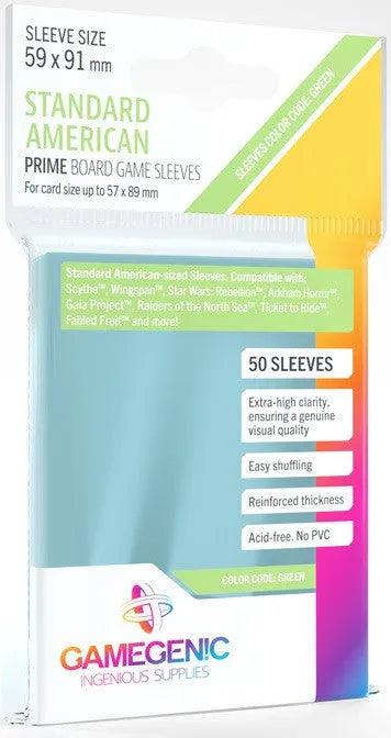 Gamegenic Prime Board Game Sleeves - Size Code GREEN - Standard American-Sized (59mm x 91mm) (50 Sleeves Per Pack)