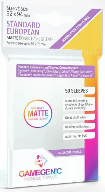 Gamegenic Matte Board Game Sleeves - Size Code PURPLE - Standard European Sized (62mm x 94mm) (50 Sleeves Per Pack)