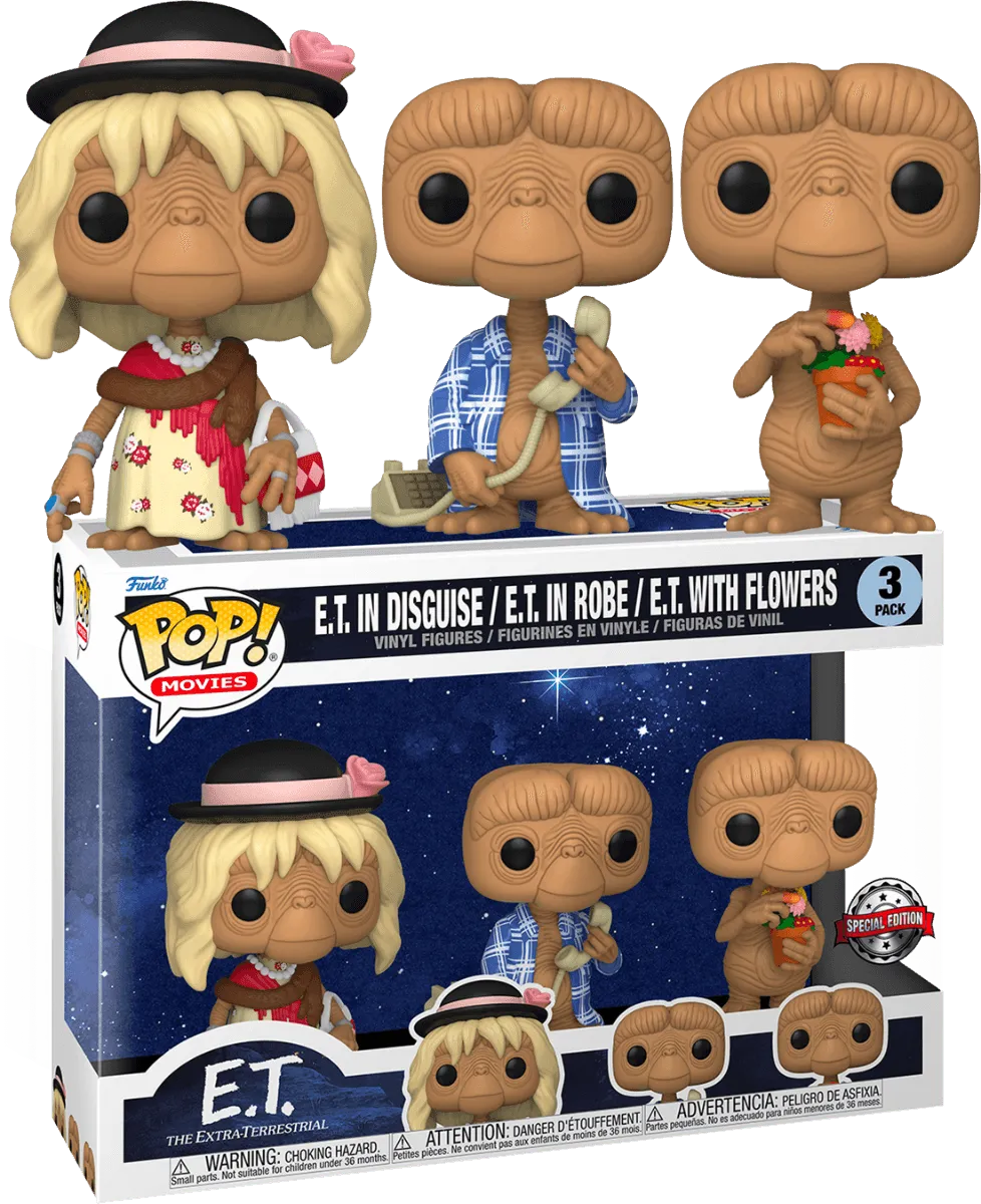 FUN65051 E.T. the Extra-Terrestrial - E.T. in Disguise, in Robe & with Flowers US Exclusive Pop! 3-Pack [RS] - Funko - Titan Pop Culture