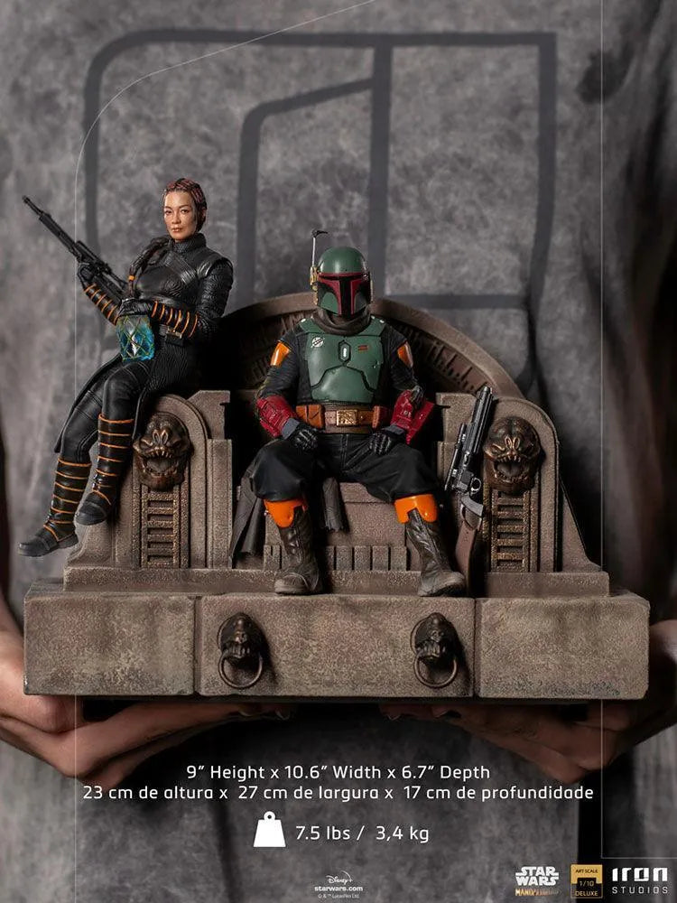 IRO28105 Star Wars: The Mandalorian - Boba Fett & Fennec Shand on Throne Deluxe 1:10 Scale Statue - Iron Studios - Titan Pop Culture