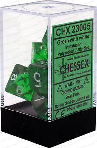VR-27020 D7-Die Set Dice Translucent Polyhedral Green/White (7 Dice in Display) - Chessex - Titan Pop Culture