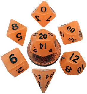 VR-68043 MDG Mini Glow in the Dark Polyhedral Dice Set Black Numbers- Glow Orange - FanRoll by Metallic Dice Games - Titan Pop Culture